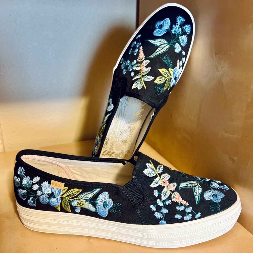 Anthropologie Black Floral Slip-On Sneakers